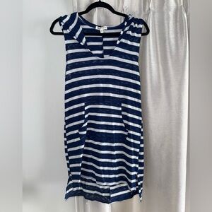 Woman’s blue and white stripped cover up with hood